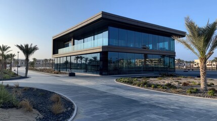 Modern glass office building in a tropical resort, walkway and landscaping
