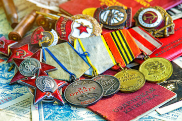 Awards of the Second world war close-up. Soviet military awards - Order Red Banner, Glory,the order...