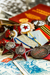 Obraz premium Awards of the Second world war close-up. Soviet military awards - Order Red Banner, Glory,the order of the Patriotic war,Order of the Red Star, Medal for Courage, Medal Battle Merit.