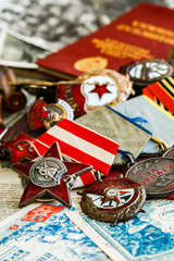 Awards of the Second world war close-up. Soviet military awards - Order Red Banner, Glory,the order...