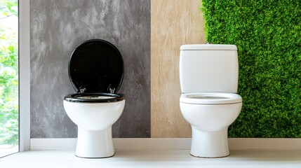 Dirty toilet bowl, stained, before cleaning contrasted with sparkling clean after
