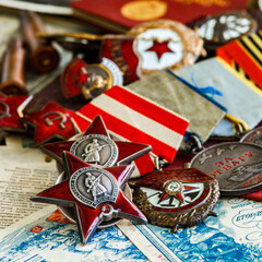 Awards of the Second world war close-up. Soviet military awards - Order Red Banner, Glory,the order...