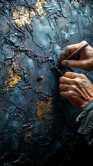 Close-Up of Hands Carving Intricate Patterns into Textured Dark Blue and Gold Surface &ndash; Artistic Craftsmanship Detail

