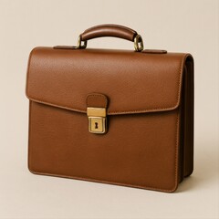 A classic brown leather briefcase with a structured rectangular shape and a polished brass lock, presented on a textured off-white background.