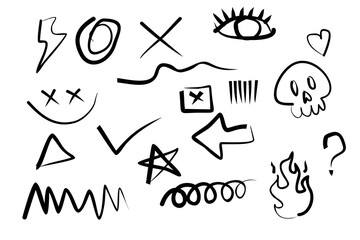 set of trendy emo stickers. emo attributes, skulls, sad emoticons, hearts.