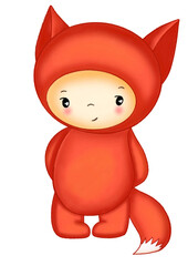 baby in fox animal onesie watercolor hand drawn cartoon illustration png cut out