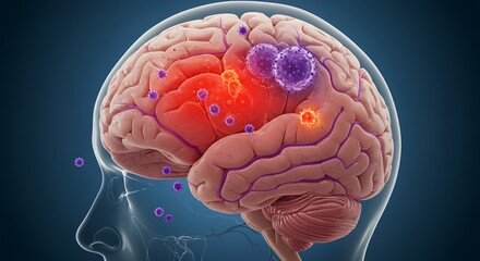 3D Medical Illustration Brain Infection Inflammation Red Purple Tones Detailed Anatomy Visualization