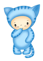 cute baby in cat animal onesie watercolor hand drawn cartoon illustration png cut out