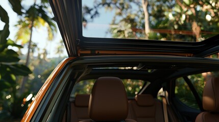 Obraz premium Open Sunroof Car Interior Jungle Background