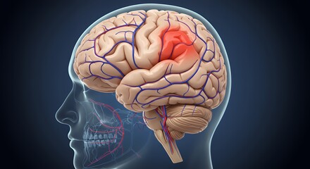 3D Medical Illustration of Cerebral Ischemia Showing Reduced Blood Flow in the Brain
