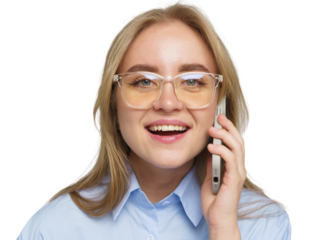 Smiling Young Person in Glasses Chatting on the Phone in a Bright, Cheerful Setting