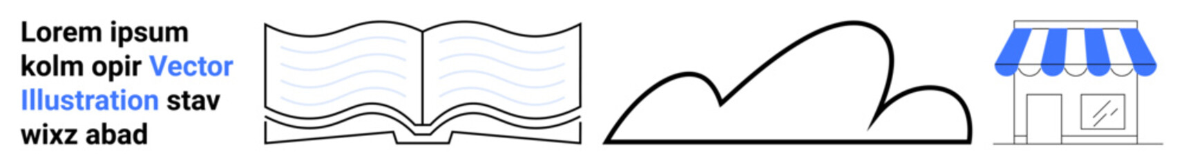 Open book with wavy lines, cloud outline, and blue-roofed storefront. Ideal for education, cloud services, e-commerce, business branding, digital marketing, navigation simple landing page