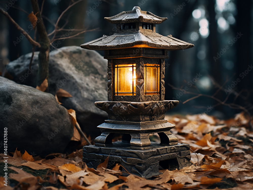 Poster old stone lantern holding light illuminating the path with soft guidance and gentle glow