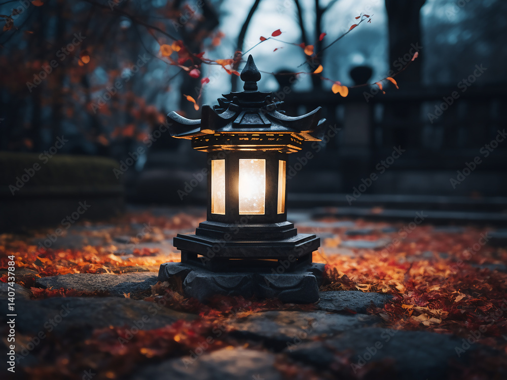 Poster stone lantern glowing with light offering a gentle path and clear guidance for the way