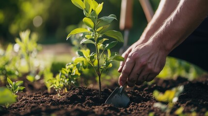 Fototapeta premium Landscaper planting tree sapling in urban park. Featuring care and sustainability