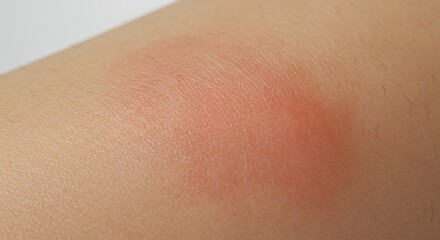 Fototapeta premium Close-up of Sunburned Skin Showing Reddish Pink Patch with Glistening Texture on Light Skin Tone Against Off White Background