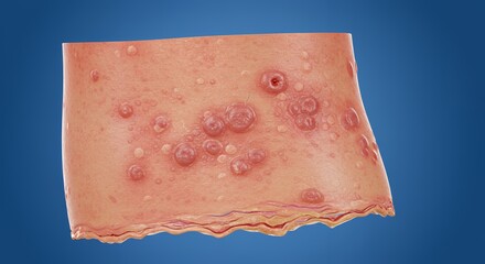 Close-Up View of Inflamed Skin with Multiple Raised Lesions and Bumps