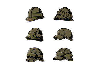 Set of military helmets in various designs and styles