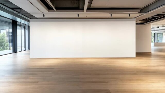 Gallery interior with an empty white mockup wall, wooden floor, and large windows providing natural light, creating a versatile space for exhibitions or presentations
