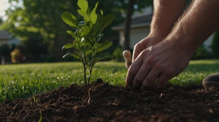 Fototapeta premium Landscaper planting trees in front yard. Featuring care and planning