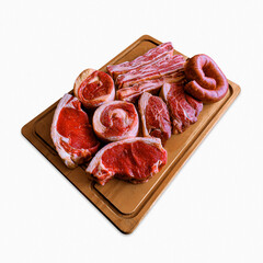 Raw Meat Cuts on Wooden Board for Barbecue – Isolated Background