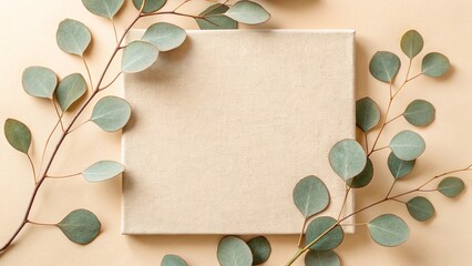 This image features a centered, light-colored square surrounded by eucalyptus branches with their round, muted green leaves, all on a soft peach-toned surface