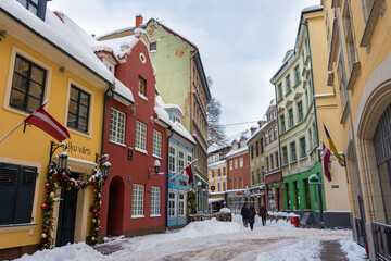 Riga, Latvia, 2 December 2023:  Snowy streets of Riga historic center in winter