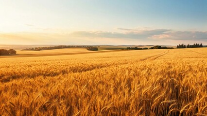 Obraz premium A vast field of ripe, golden wheat stretches under a clear blue sky with soft, wispy clouds, suggesting a bountiful harvest