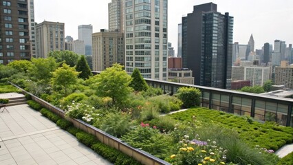 Fototapeta premium A vibrant rooftop garden featuring lush greenery and colorful flowers amidst a city skyline of tall buildings.