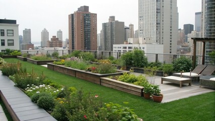Fototapeta premium A vibrant rooftop garden with greenery and flowers overlooks a city skyline, blending urban life with nature.