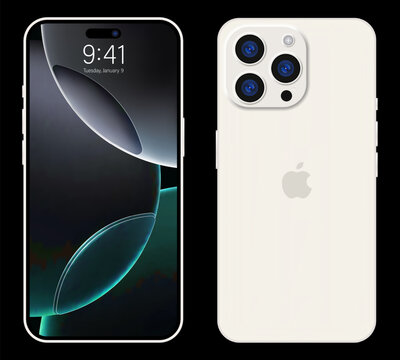 Iphone 16 pro max mockup. Back and front side of the phone. Deep white color Mock-up screen iphone. High Quality. Official presentation. Editorial.