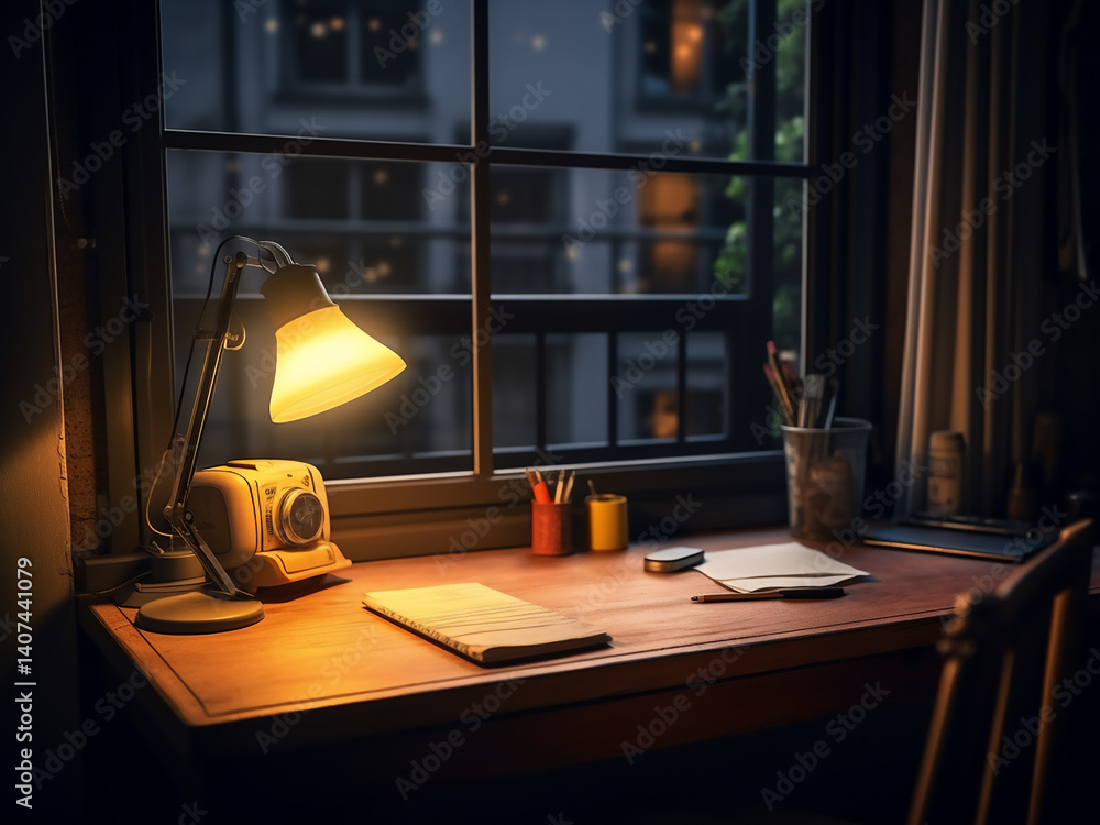 Poster quiet study corner with desk positioned by window and lighting supporting task focus