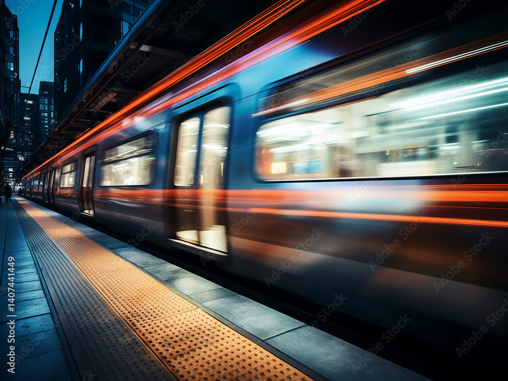 Poster fast subway passes by with bright flashing lights and motion blurs showing strong speed