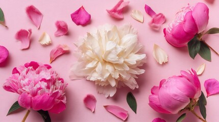 Fototapeta premium Delicate pink and white peonies scattered on a pastel background.