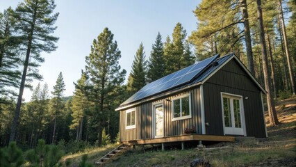 A modern cabin surrounded by tall trees, featuring solar panels on the roof, nestled in a serene forest setting.