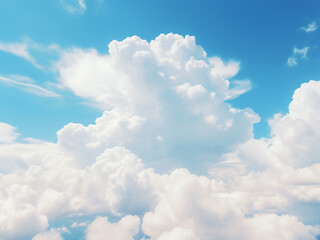 White puffy summer clouds float high in the sky on a warm sunny day