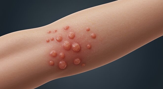 Detailed Close-up of Jock Itch Rash on Skin: Red Bumps and Vesicles on Light Skin Against Dark Background