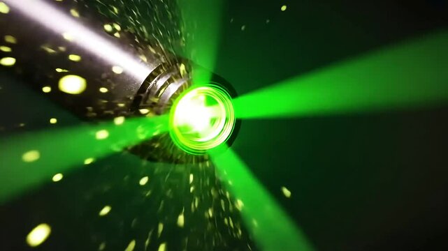 Green laser pointer beams dark background studio shot