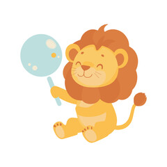 Fototapeta premium A playful lion blowing big, shiny soap bubbles, its paws gripping a bright blue bubble wand
