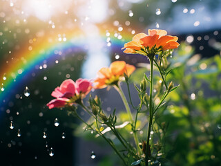 A gentle sun shower brings light rain and a partially formed rainbow contrasting the sky