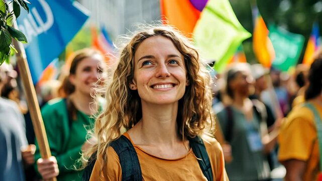 A young woman among a vibrant climate activism march, with diverse participants holding eco-friendly banners.