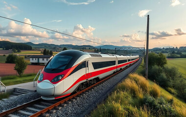 Fototapeta premium A High-Speed Train Passing Through a Rural Landscape