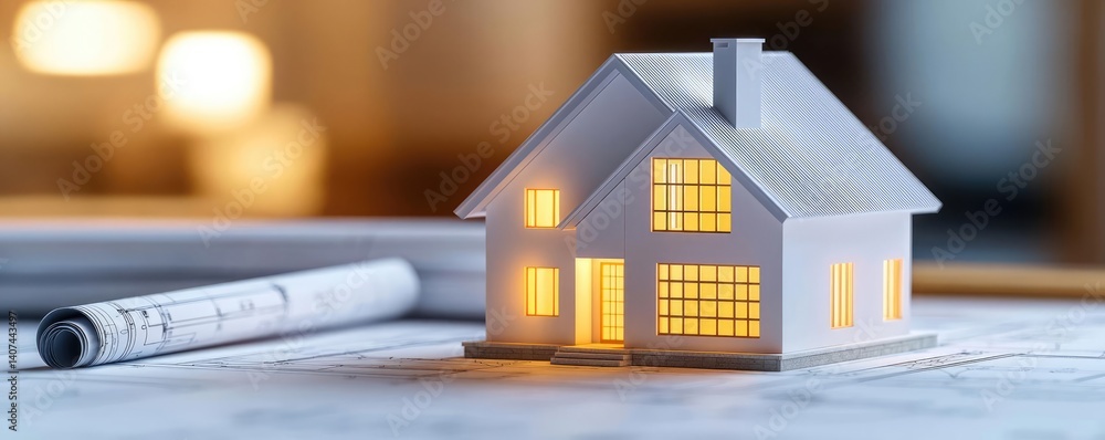 Poster building house on blueprint inside architecture and plan concept. a detailed model house illuminated