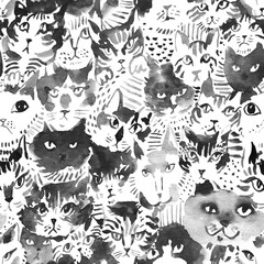 Watercolor cartoon cats seamless pattern, monochrome texture