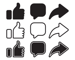 Black and white Like, Comment, share Icons.