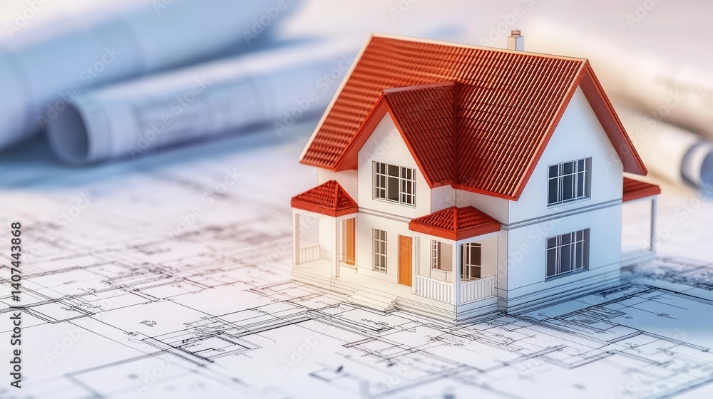 Poster building house on blueprint inside architecture and plan concept. a 3d house model on blueprints for