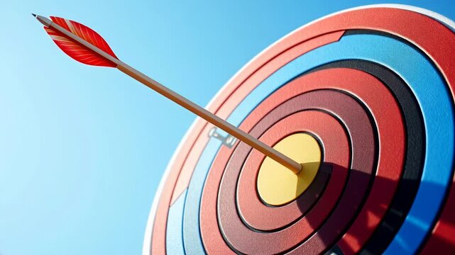 Red-feathered arrow perfectly hits the bullseye on a colorful archery target against a clear blue sky. Concept of accuracy, precision, success, and goal achievement.