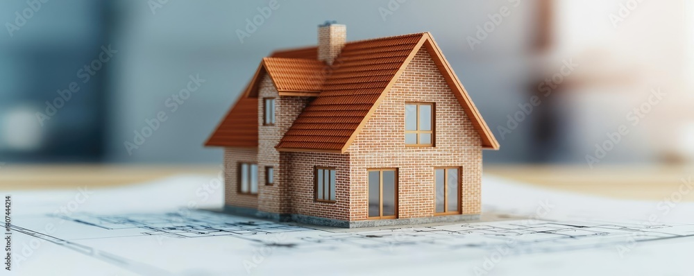 Poster building house on blueprint in a dwelling and architecture concept. a model house on a blueprint rep