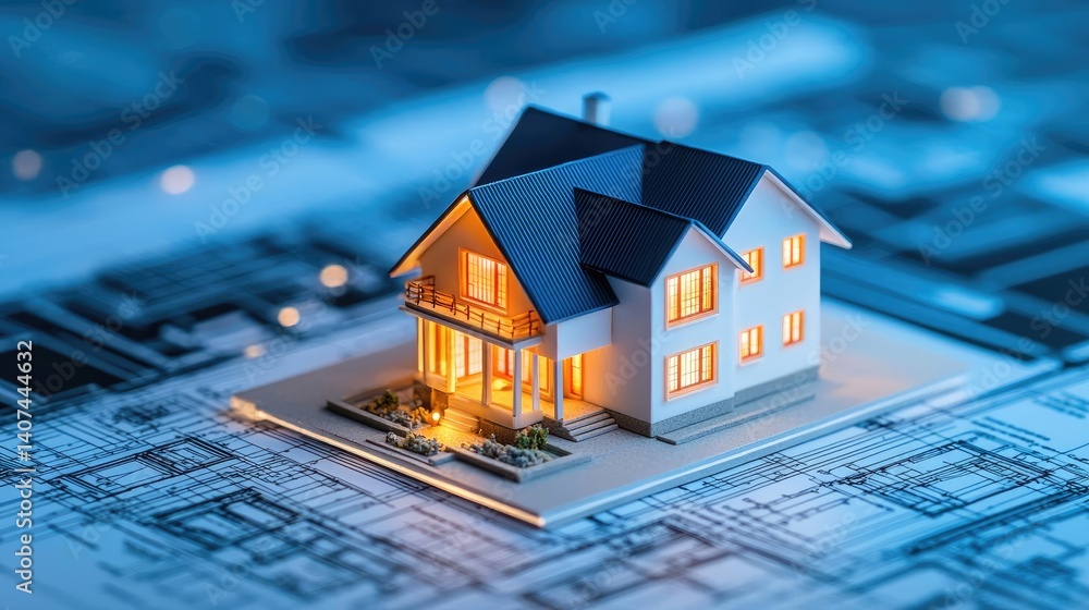 Poster building house on blueprint inside architecture and plan concept. illuminated model house on bluepri