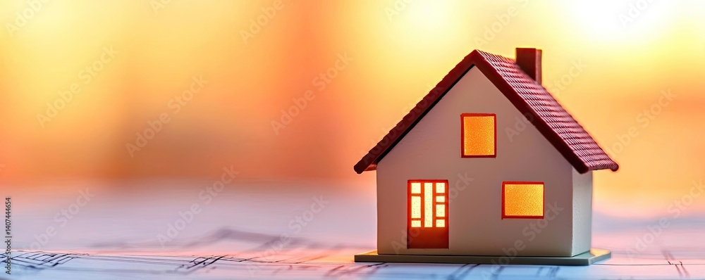 Poster building house on blueprint in a dwelling and architecture concept. miniature house model illuminate